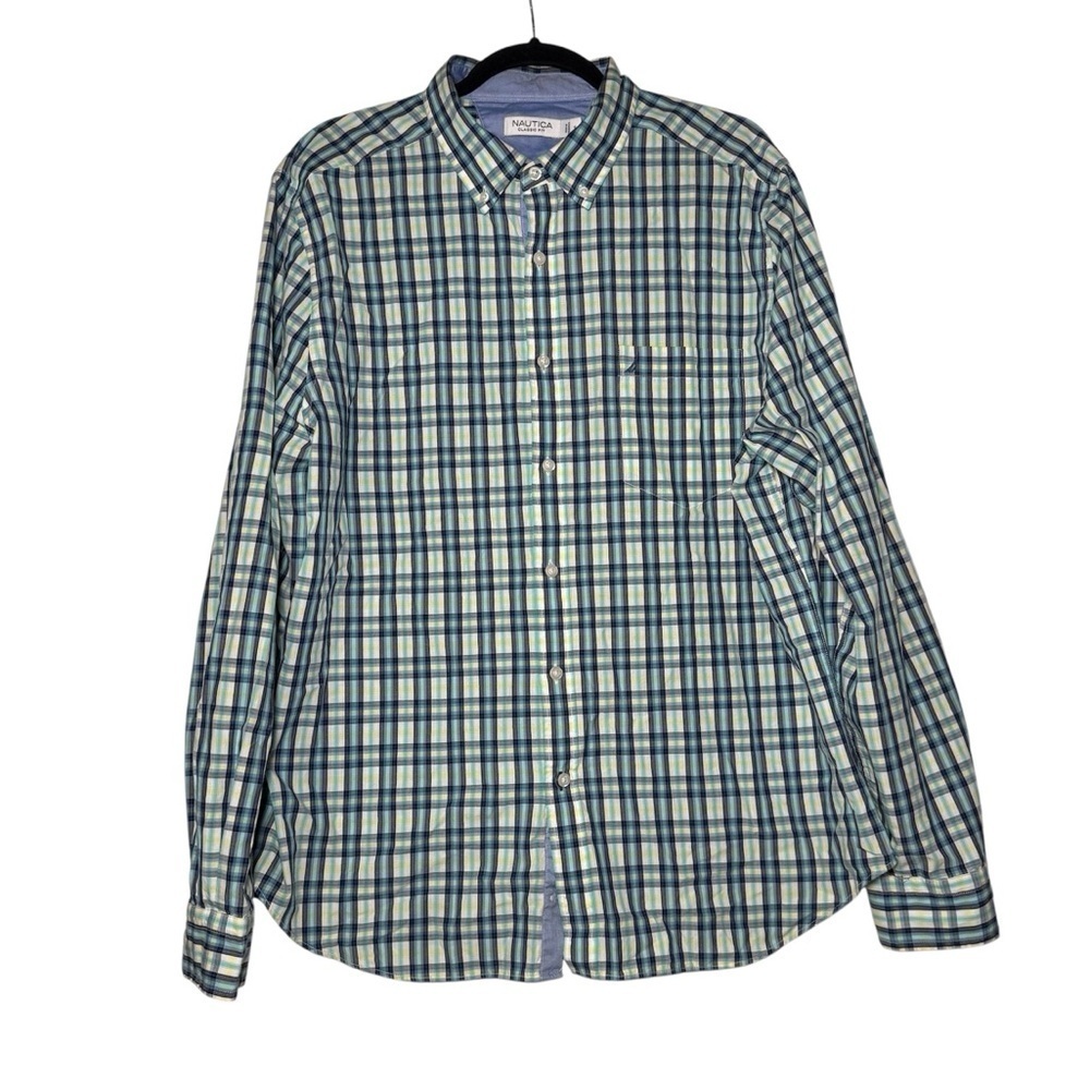 Nautica Button Down Shirt Check Green Sea Blue Yellow Size XL Classic Fit Office